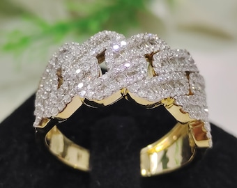 10K Gold Moissanite Cuban Link Ring For Men: Iced Out Baguette & Round Cut Statement ring for men