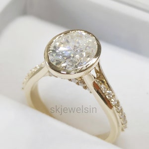 14K Gold Halo Moissanite Engagement Ring: Bezel Set Oval Promise Ring