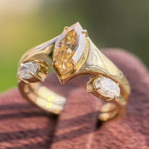 Champagne Marquise Step Cut Moissanite Bridal Set, 14K Gold Chunky Engagement Ring, Open Gap Oval Diamond Stacking Band, Thick Dome Ring