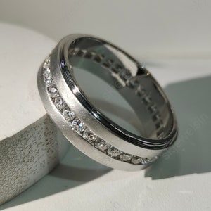 Men's Wedding Band, 14K White Gold Round Moissanite Channel Set Band For Him, Gift for Men, Eternity Matte Finished Gold Band For Men