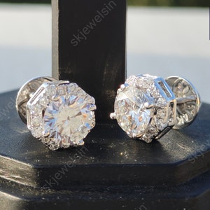 Round Cut Moissanite Studs Earrings, 14K White Gold Hexagon Shape Earrings, Personalized Gifts, Handmade Stud Earrings, Anniversary gifts