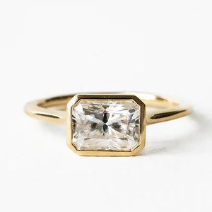 Radiant Cut Moissanite Engagement Ring: 14K Gold Bezel Set