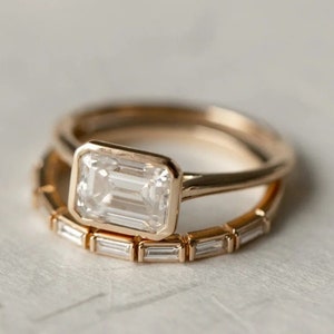 14K Gold Bezel Set Emerald cut Moissanite Engagement Ring With Baguette bar Set Wedding band, Unique bridal sets, Gifts For Women