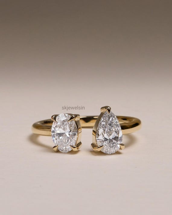 Toi et Moi engagement ring, 14K Gold Pear Oval Moissanite Ring, You and Me Ring, Anniversary Gifts, Wedding ring, Vintage Gift for her