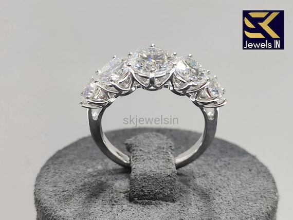 Round Brilliant Cut Five Stone Moissanite Engagement Ring, 14K White Gold Wedding Ring, Anniversary Gift, unique gift for her Art deco