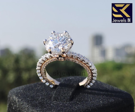 Round Cut Moissanite Engagement Ring, 14K Two Tone Gold Hidden Halo Wedding Ring, Anniversary Gifts, Vintage promise ring, art deco