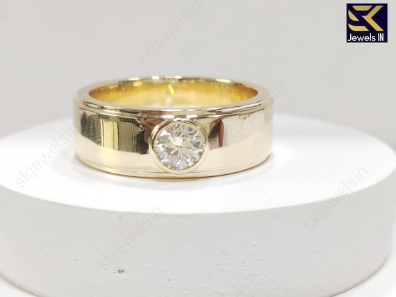 14K Bezel Set Round Moissanite Wedding Band For Men, 8 MM Bandwidth Solitaire Gold band For him, Gift For Husband, Personalized Jewelry