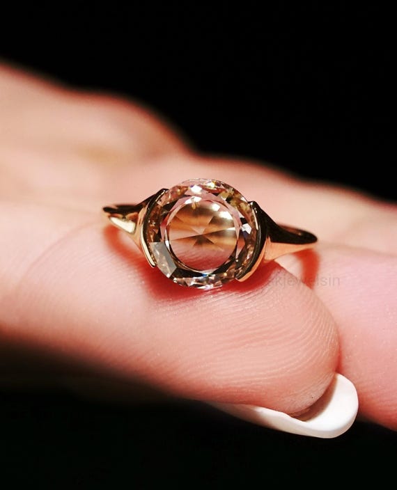 Half-Bezel Set Rose Cut Round Moissanite Engagement Ring, 14K Gold Unique Wedding Ring, Anniversary gifts, Promise Ring, Gifts for Her