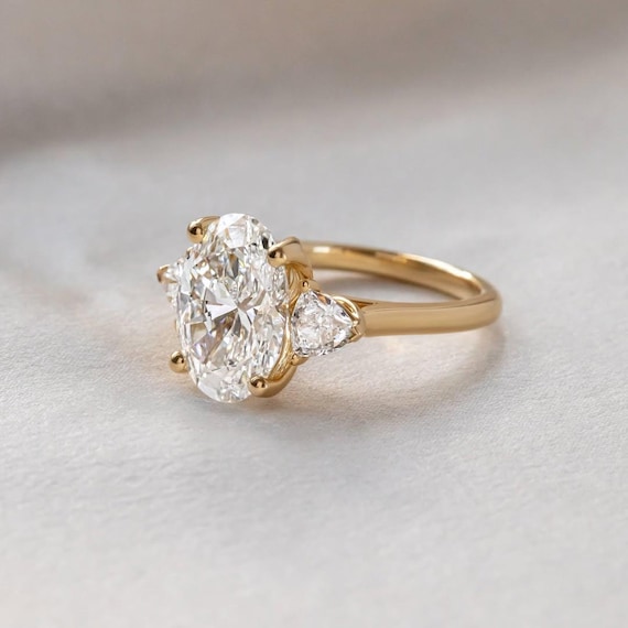 14K Gold Oval Bridal Sets Wedding Ring, Side trillion cut moissanite Engagement Ring, Anniversary gifts art deco vintage Handmade ring
