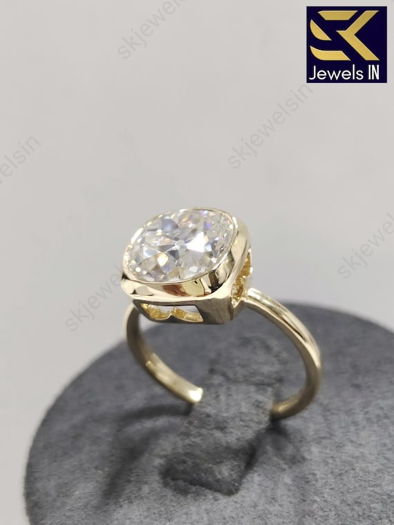 Old Mine Cushion Cut Moissanite Engagement Ring, 14K Gold Bezel Set Old European Cut Low Profile Wedding & Anniversary Gifts, Rings for Her