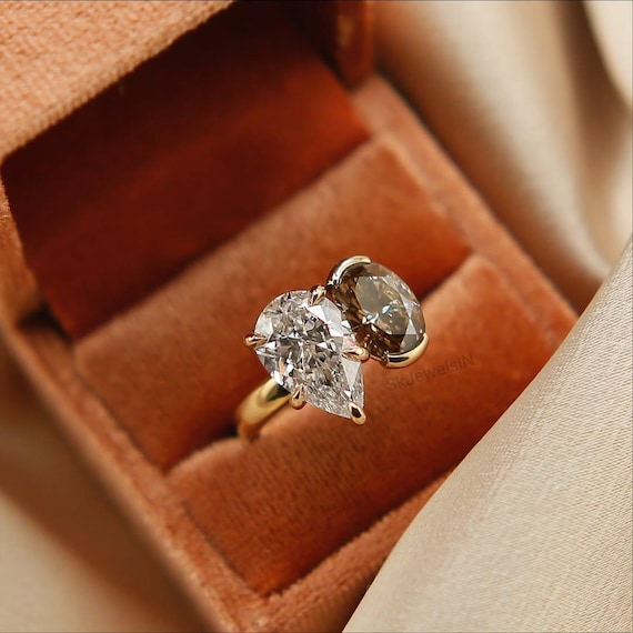 Two-Stone Diamond, Champagne Oval and Pear White Moissanite, Toi et Moi Ring, 14k Gold Engagement Ring, Unique Anniversary Gift