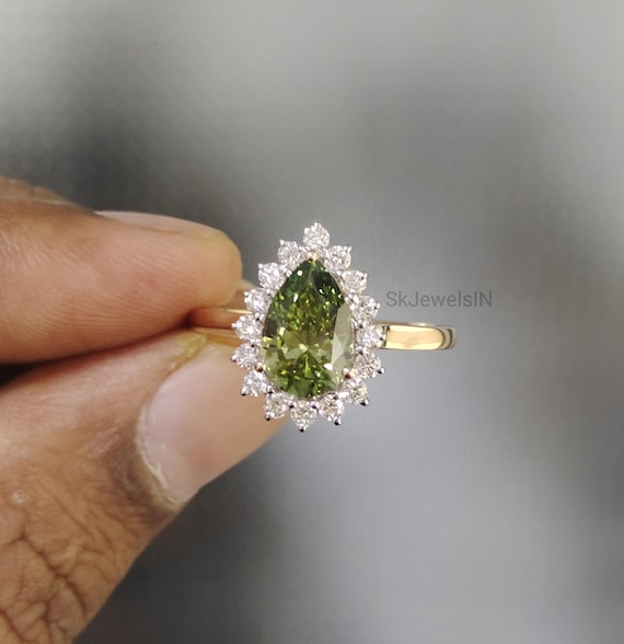 Pear Lab Grown Engagement Ring, 14K Gold Halo Diamond Wedding Ring, Handmade  Green CVD Diamond Ring, Promise Ring For Women, Art deco ring