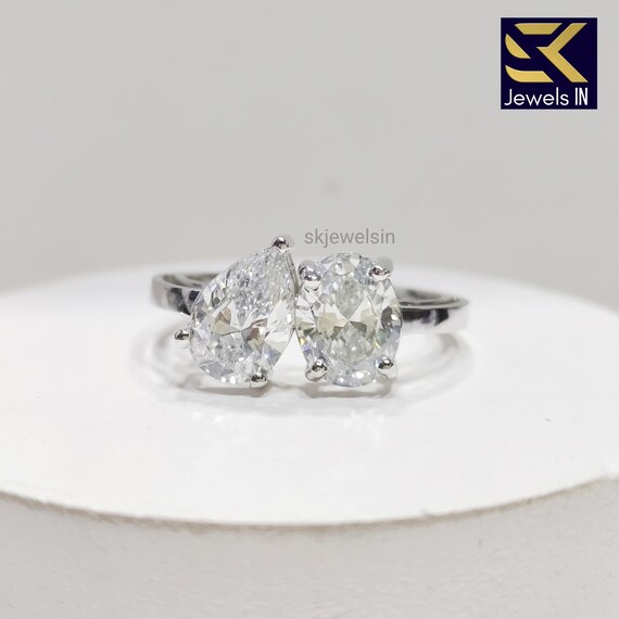 Toi et Moi engagement ring, 14K White Gold Pear Oval Moissanite Ring, You and Me Ring, Personalized gift Jewelry, Vintage Gift for her