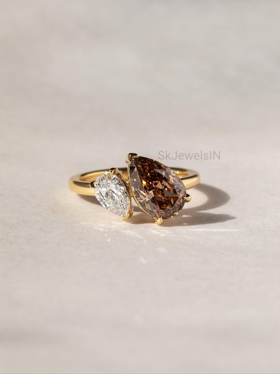 Brown Pear Cut Engagement Ring, Double Stone Ring, 14k Gold Wedding Ring, Minimalist Diamond Ring • Unique Proposal Ring, Birthstone Jewelry