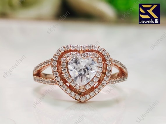 14K Rose Gold Heart Cut Moissanite Engagement Ring, Double Halo Split Shank, Bridal Proposal Gift