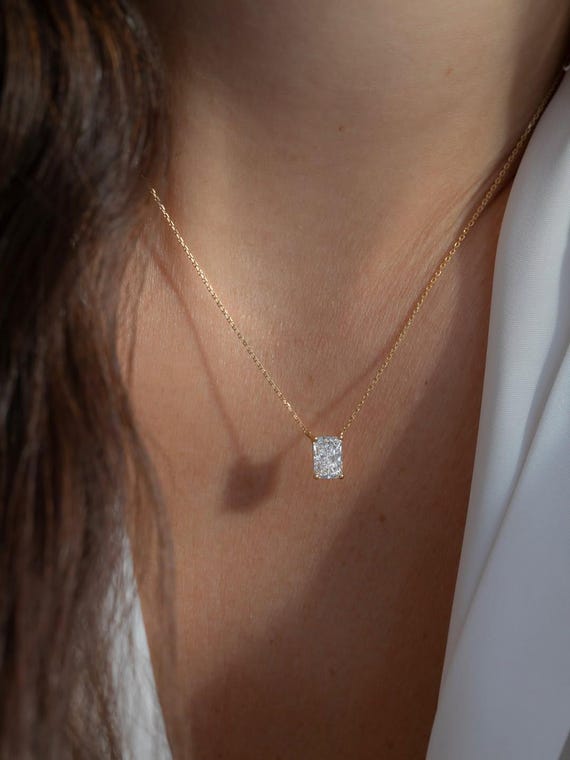 Radiant Cut Moissanite Solitaire Pendant Necklace, 14K Gold Necklace for Women, Unique wedding Gift, Anniversary Gift for Her