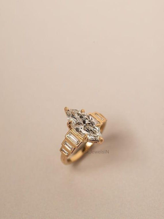 Art Deco Moissanite Engagement Ring, Marquise & Baguette, Unique Vintage Style Wedding Ring, 14k Gold, Stepped Baguette Accents