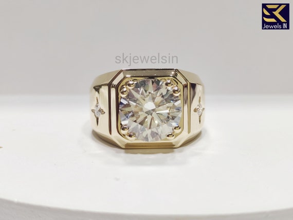 14K Gold Round Moissanite Ring For Men, Unique Solitaire Three Stone Diamond Ring For Him, Statement Ring, Gift For Men, Handmade Jewelry