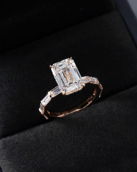 Emerald Cut Moissanite Engagement Ring, 14K Gold Hidden Halo Ring, Bar Set Baguette Unique Wedding Ring, Anniversary Gift for Her, Art deco