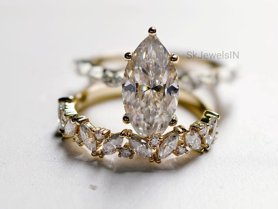 3 CT Marquise Moissanite Bridal sets 14K Gold Engagement Ring With Stacking Diamond Band , Unique Wedding ring Vintage ring for women