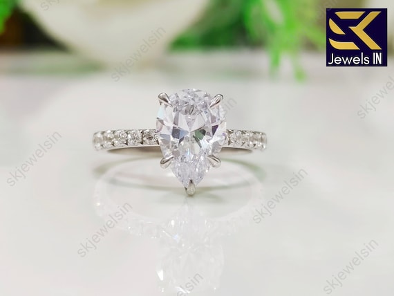 Pear Cut Moissanite Engagement Ring • 14K White Gold Teardrop Ring • Vintage Hidden Halo Promise Ring • Anniversary Gift for Her