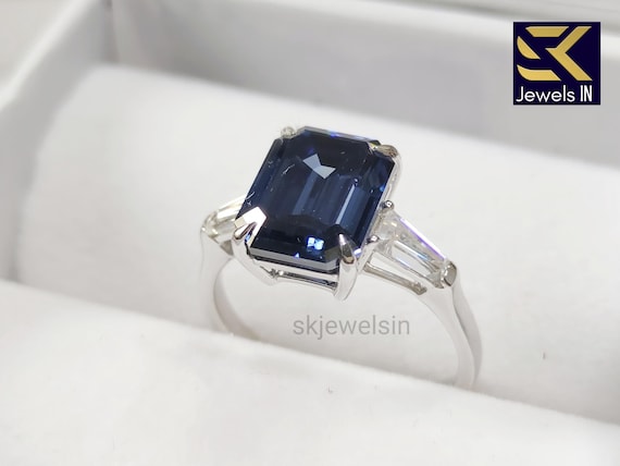 Blue Emerald Moissanite Engagement Ring, 14K White Gold Sapphire Wedding Ring Anniversary Gifts, Handmade Promise Ring, Gifts For Women