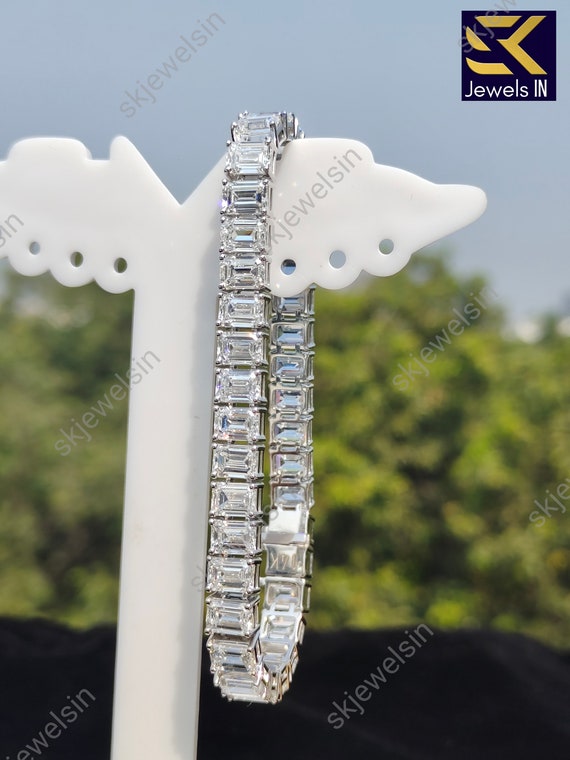 Emerald Cut Moissanite Tennis Bracelet, 925 Sterling Silver, Wedding Jewelry