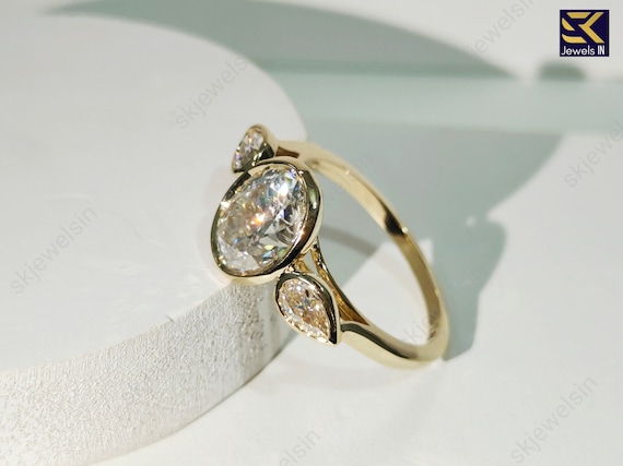 Oval Cut Moissanite Engagement Ring, 14K Gold Bezel Set Three Stone Wedding Ring, Promise Ring, Art deco, Handmade Low Profile