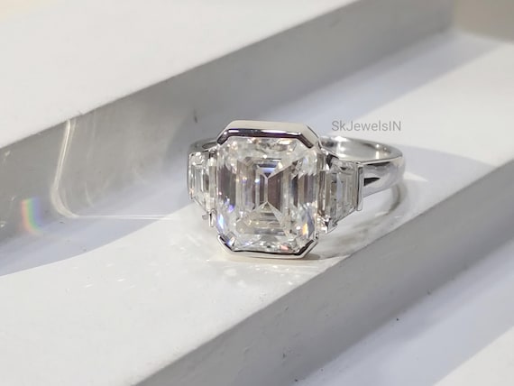 Half-Bezel Set Emerald Moissanite Engagement Ring, Gold Silver Three Stone Wedding Ring, Vintage Style Ring For Women, Handmade Gift for her