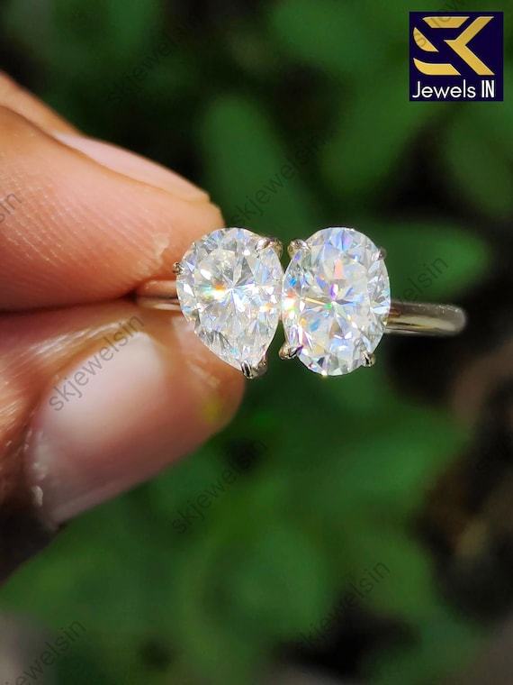 Toi et Moi  Moissanite Engagement Ring, 14K Gold Oval And Pear diamond Ring, You and me ring, Anniversary Gift for Women, Handmade art deco