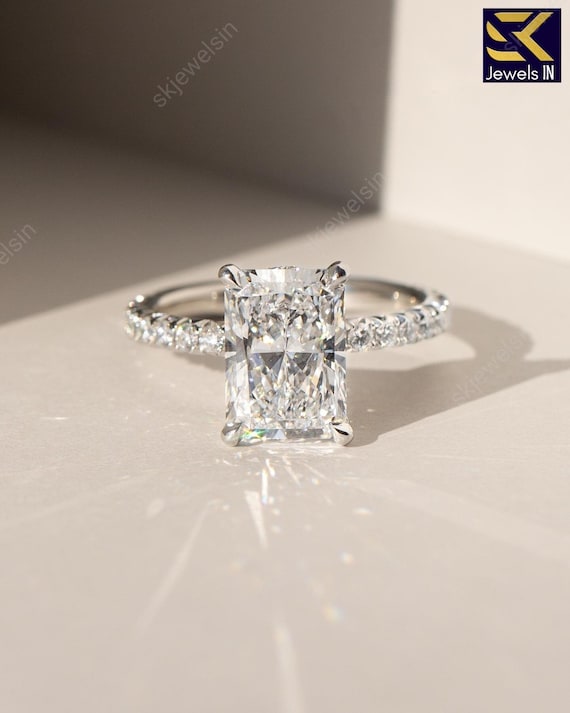 Radiant Cut Moissanite Engagement Ring, 14K White Gold Hidden Halo