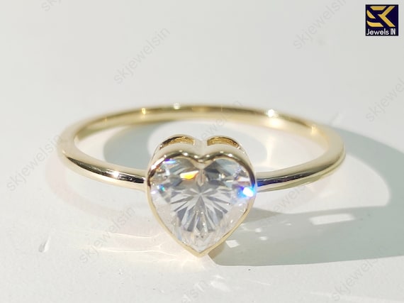 14K Gold Heart Moissanite Ring, Bezel Set Engagement Ring, Vintage Heart Cut Jewelry, Low Profile Art Deco Wedding Band for Women