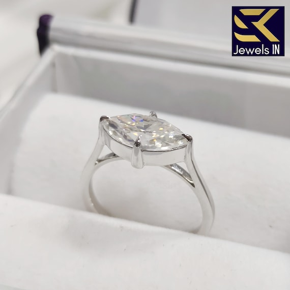 Marquise Moissanite Engagement Ring, 14K White Gold, East West Set