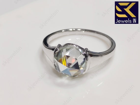 14K White Gold Rose Cut Moissanite Ring • Half Bezel Set • Dainty Moissanite Engagement Ring • Unique Bridal Jewelry