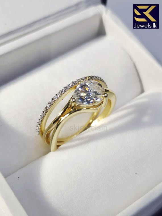 East West Pear Moissanite Engagement Ring, 14K Gold Art Deco Split Shank Wedding Ring, Birthday Gift, Christmas Gift for women