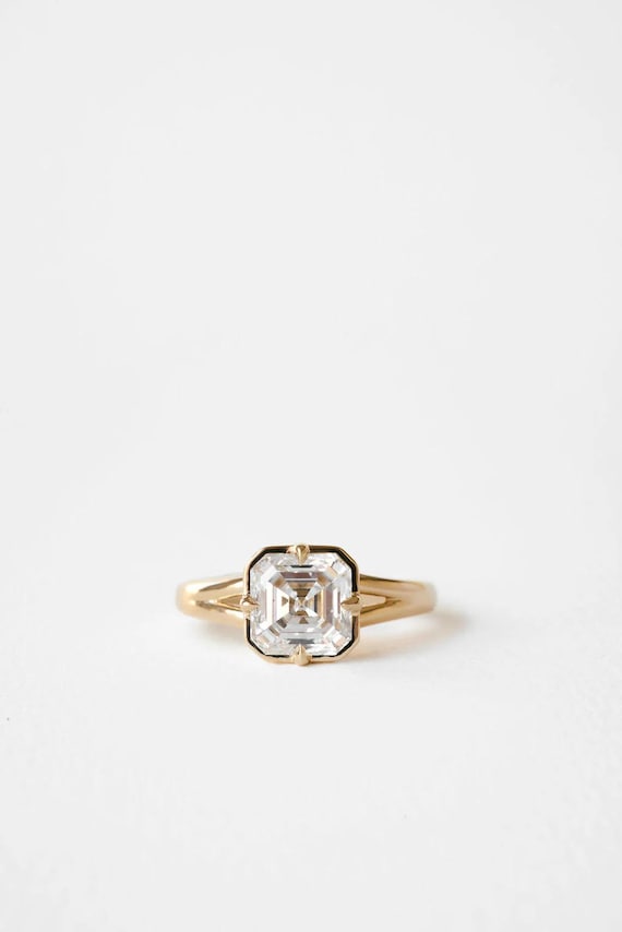 14K Gold Asscher Cut Moissanite Engagement Ring • Split Shank Gold Ring • Unique Solitaire Wedding Ring • Art Deco Promise Ring for Her