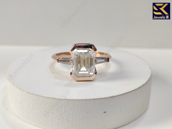 Half-Bezel Set Emerald cut Moissanite Engagement Ring, 14K Rose Gold Three Stone Wedding Ring, Promise Ring for Women, Personalized gifts