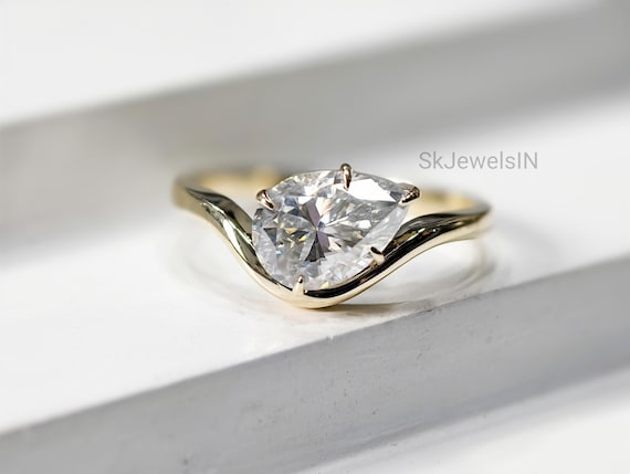 East West Pear Diamond Engagement Ring, Unique 14K Gold Teardrop Moissanite U band  Wedding  Ring, Vintage Gift for Women, Solitaire Ring