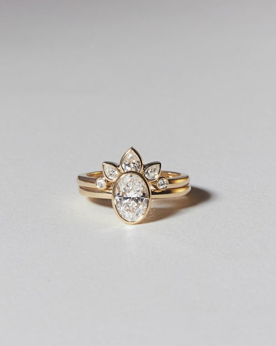 Oval Cut Moissanite Bridal Sets Wedding Ring with Stacking Band 14K Gold Bezel Set Engagement Ring Set, Anniversary Gift for her