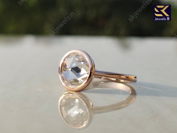 14K Gold Rose Cut Moissanite Ring, Handmade Bezel Set