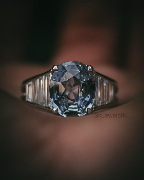 Oval Blue Sapphire Engagement Ring, Moissanite Baguette Side Stones,14K White Gold Art Deco Channel Set Ring, September Birthstone Gift