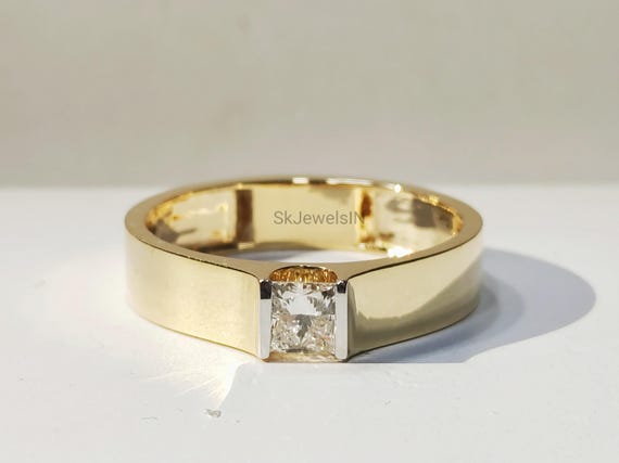 Men's Wedding Band, 14K Gold  5 MM Broad Band Width Princess Solitaire Band For Him, Gift for Men, Gift For Him, Men's jewelry