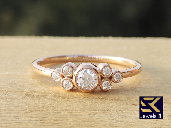 Multi Stone Moissanite Ring, 14K Rose gold Bezel Set Statement Ring, Everyday wear ring, handmade Art deco Gift ring for women