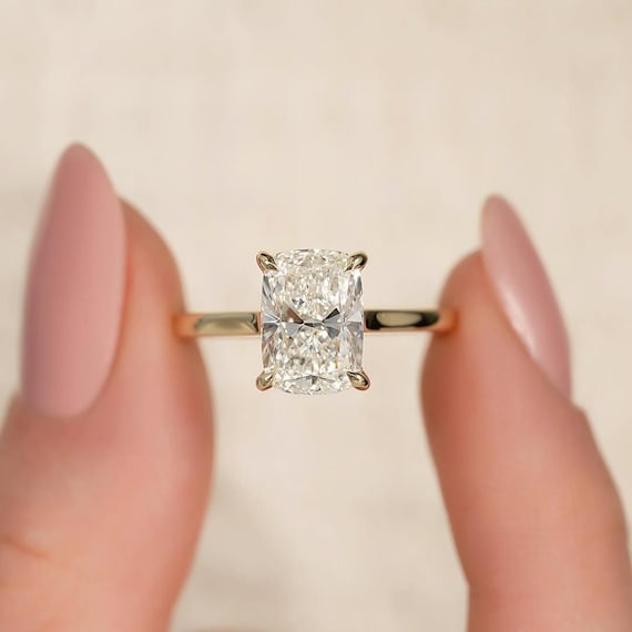 Elongated Cushion Cut Moissanite Ring, Art Deco Engagement Ring, 14K Gold Hidden halo Wedding Ring, Anniversary Gifts, Promise ring for her