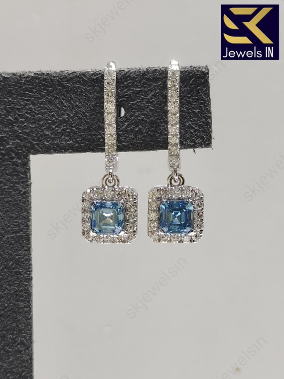 Blue Princess Cut Moissanite Dangle Earrings, 14K White Gold halo Diamond Earrings for Women, Bride Maid gifts, Earrings for Women