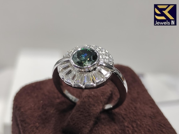 Unique Green Blue Round Moissanite Engagement Ring, 14K White Gold Starburst Halo Ring, bezel set gifts for her, Personalized gifts