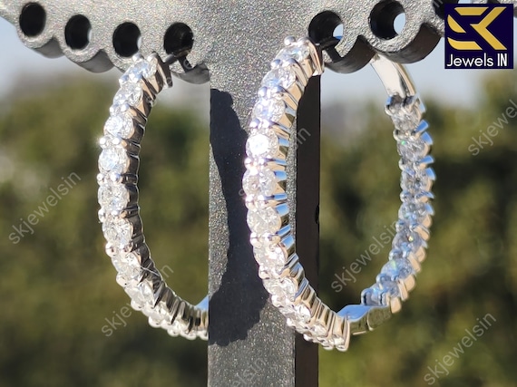 14K White Gold Moissanite Hoop Earrings, Inside Out Diamond Hoops (30mm)