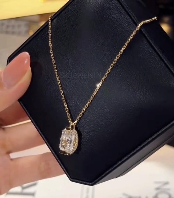 Radiant Moissanite Pendant Necklace, Half Bezel Set Gold  Halo Diamond Necklace for Women, Unique wedding Gift, Anniversary Gift for Her