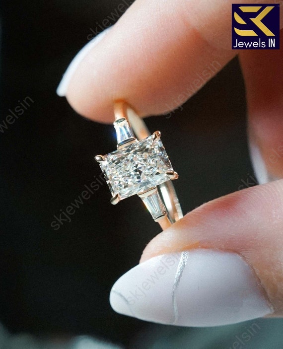 Radiant Cut Moissanite Engagement Ring, Tapered Baguette Side Stones, Three Stone Trilogy Ring, 14K Gold Wedding Ring, A Anniversary Gift
