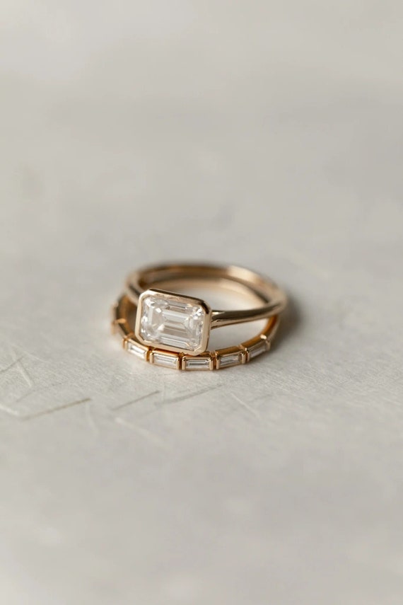 14K Gold Bezel Set Emerald cut Moissanite Engagement Ring With Baguette bar Set Wedding band, Unique bridal sets, Gifts For Women